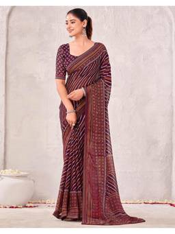 SATRANI - Maroon Georgette Stripes Printed Saree with Unstitched Blouse