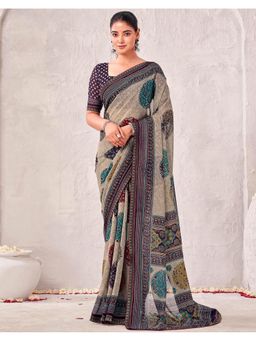 SATRANI - Beige Georgette Printed Saree with Unstitched Blouse