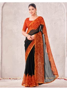 SATRANI - Black Chiffon Floral Printed Saree with Unstitched Blouse