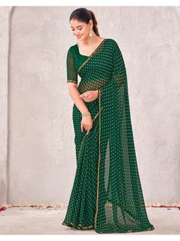 SATRANI - Green Georgette Polka Dots Printed Saree with Unstitched Blouse