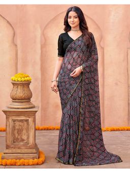 SATRANI - Black Chiffon Printed Mirror Work Saree with Unstitched Blouse