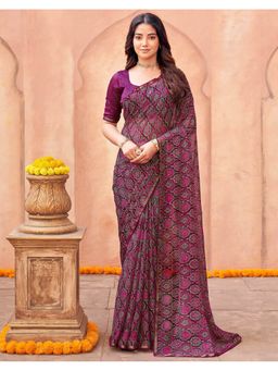 SATRANI - Purple Chiffon Printed Mirror Work Saree with Unstitched Blouse