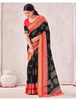 SATRANI - Black Cotton Printed Saree with Unstitched Blouse