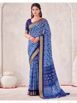 SATRANI - Navy Blue Cotton Printed Saree with Unstitched Blouse