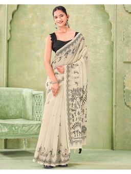 SATRANI - Beige Linen Printed Tassels Saree with Unstitched Blouse