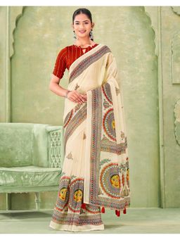 SATRANI - Beige Linen Printed Tassels Saree with Unstitched Blouse