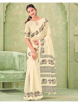 SATRANI - Beige Linen Printed Tassels Saree with Unstitched Blouse
