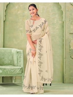 SATRANI - Beige Linen Printed Tassels Saree with Unstitched Blouse