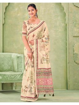 SATRANI - Beige Linen Printed Tassels Saree with Unstitched Blouse