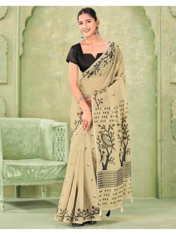 SATRANI - Green Linen Printed Tassels Saree with Unstitched Blouse