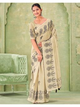 SATRANI - Beige Linen Printed Tassels Saree with Unstitched Blouse