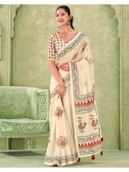 SATRANI - Beige Linen Printed Tassels Saree with Unstitched Blouse
