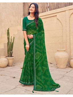 SATRANI - Green Georgette Printed Bandhani Saree with Unstitched Blouse