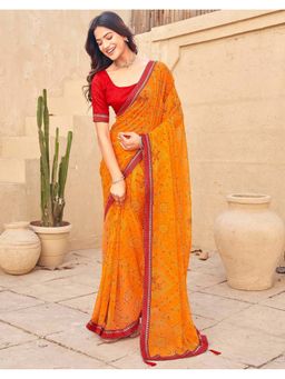 SATRANI - Orange Georgette Printed Bandhani Saree with Unstitched Blouse