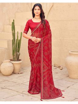 SATRANI - Red Georgette Printed Bandhani Saree with Unstitched Blouse