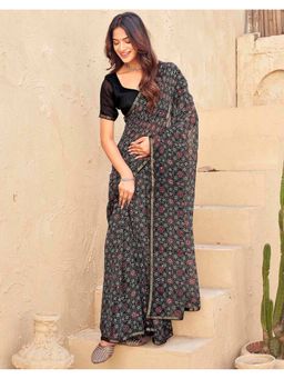 SATRANI - Black Chiffon Printed Mirror Work Saree with Unstitched Blouse