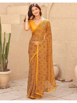 SATRANI - Mustard Chiffon Printed Mirror Work Saree with Unstitched Blouse