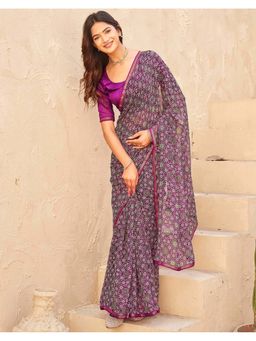SATRANI - Purple Chiffon Printed Mirror Work Saree with Unstitched Blouse