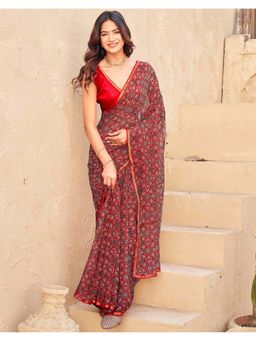 SATRANI - Red Chiffon Printed Mirror Work Saree with Unstitched Blouse