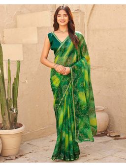 SATRANI - Green Chiffon Printed Bandhani Saree with Unstitched Blouse