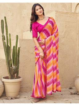 SATRANI - Multi-Color Chiffon Printed Leheriya Saree with Unstitched Blouse