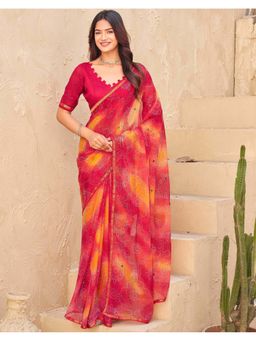 SATRANI - Red Chiffon Printed Bandhani Saree with Unstitched Blouse