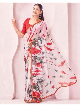 SATRANI - White Chiffon Printed Saree with Unstitched Blouse