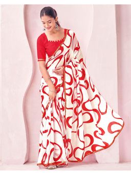 SATRANI - White Chiffon Printed Saree with Unstitched Blouse
