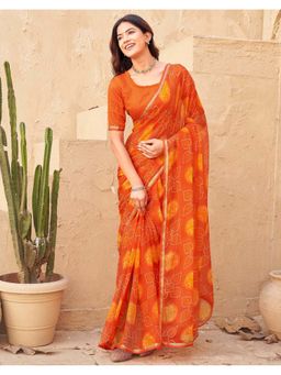 SATRANI - Orange Chiffon Printed Bandhani Saree with Unstitched Blouse
