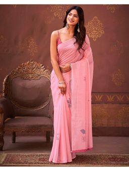 SATRANI - Pink Linen Floral Printed Saree with Unstitched Blouse