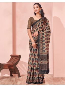 SATRANI - Beige Linen Floral Printed Saree with Unstitched Blouse