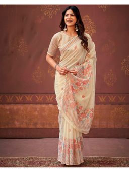 SATRANI - Cream Linen Floral Printed Saree with Unstitched Blouse