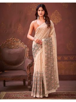 SATRANI - Peach Linen Printed Saree with Unstitched Blouse