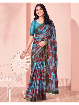 SATRANI - Blue Silk Printed Saree with Unstitched Blouse