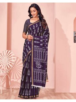 SATRANI - Purple Silk Printed Saree with Unstitched Blouse