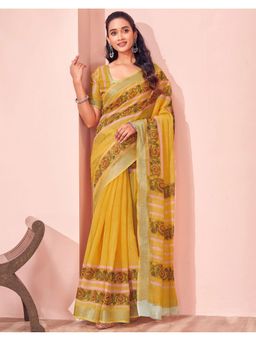 SATRANI - Mustard Linen Printed Saree with Unstitched Blouse