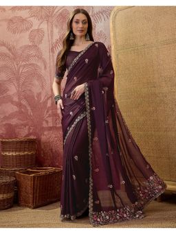 SATRANI - Burgundy Georgette Floral Embroidered Saree with Unstitched Blouse