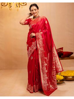 SATRANI - Red Silk Woven Zari Saree with Unstitched Blouse