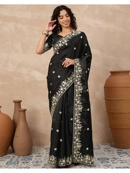 SATRANI - Black Silk Embellished Saree with Unstitched Blouse