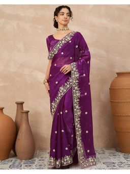 SATRANI - Purple Silk Embellished Saree with Unstitched Blouse