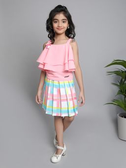 The Magic Wand - Pink Girls Solid Top & Printed Skirt