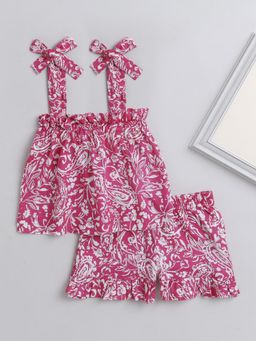 The Magic Wand - Pink Floral Print Shoulder Straps Tie Up Knot Top & Shorts