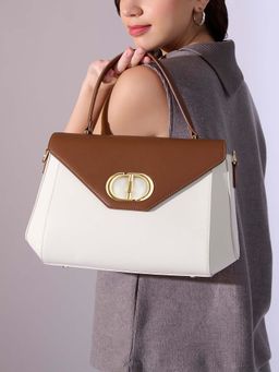Lavie Signature - Tan Synthetic Leather Colorblock Handbag with Detachable Strap