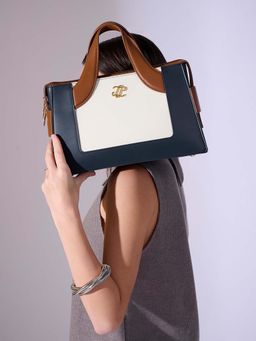 Lavie Signature - Navy Blue Synthetic Leather Colorblock Handbag with Detachable Strap