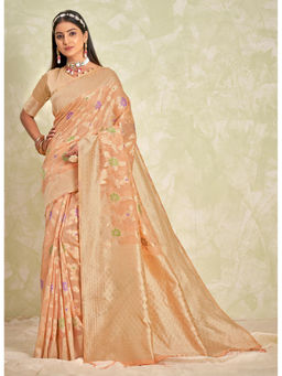 Sangam Prints - Beige Cotton Woven Zari Work Traditional Tassel Saree with Unstitched Blouse
