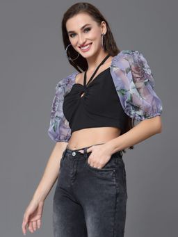 KASSUALLY - Black Floral Print Knotted Crop Top