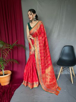 EXCLUSIVA - Red Patola Saree With Meenakari Weaving with Unstitched