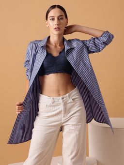 STREET 9 - Womens Blue Cotton Oversized Stripes Shirt