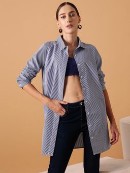 STREET 9 - Blue Women Cotton Oversized Stripes Shirt