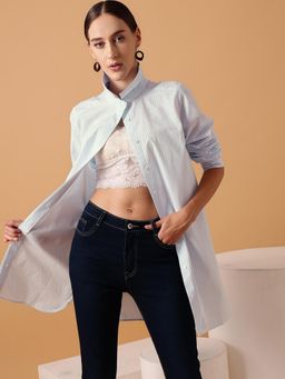 STREET 9 - Blue Women's Cotton Oversized Stripes Shirt